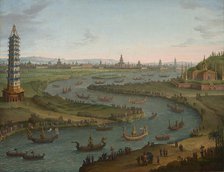 A capriccio with the French Ambassador approaching the King of Siam's Palace in a state barge... Creator: Joli, Antonio (1700-1777).