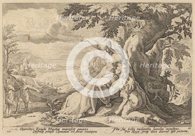 Clymene Urging Phaeton to Find Helios, 1589. Creator: Goltzius, Workshop of Hendrick, after Hendrick Gol.