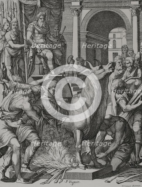 Brazen bull or bull of Falaris, 6th century BC, (16th century). Creator: Pierre Woeiriot.