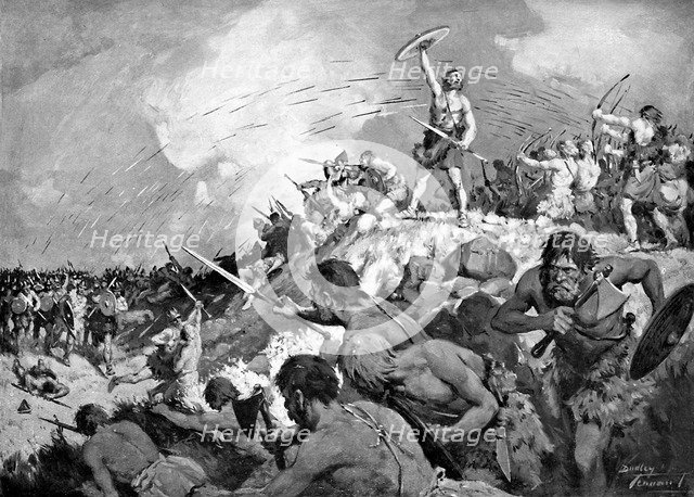 Battle of Mons Badonicus, c500 AD, (c1920).Artist: C Dudley Tennant