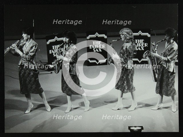All-female quartet The Fairer Sax performing at the Forum Theatre, Hatfield, Hertfordshire, 1987. Artist: Denis Williams