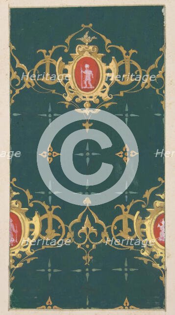 Design for wallpaper featuring rinceaux and cartouches framing figures, 1830-97. Creators: Jules-Edmond-Charles Lachaise, Eugène-Pierre Gourdet.
