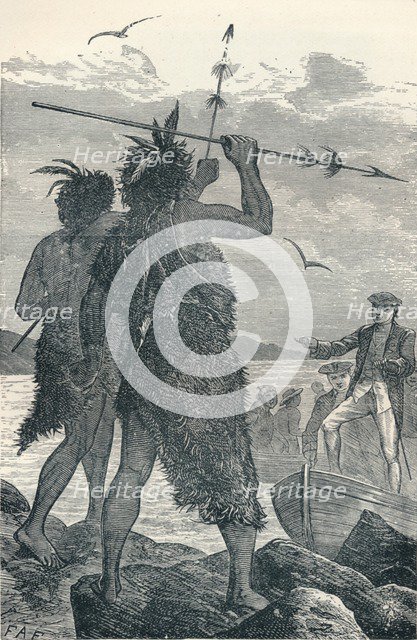 Two Natives Dispute Captain Cook's Landing, 1904. Artist: Unknown.