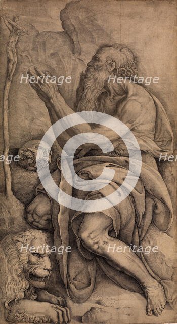 Saint Jerome kneeling before a crucifix, with a skull and lion, ca. 1550-60. Creator: Battista Franco Veneziano.