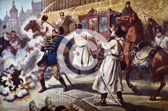 Deadly attack on Tsar Alexander II (1818 - 1881), caused by nihilists in Saint Petersburg, 1881. Creator: Navarrete, M..