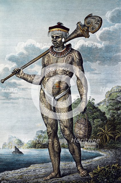 A man from Nuku Hiva Island with tattoos on his body. From Atlas of Krusenstern's Circumnavigation, 