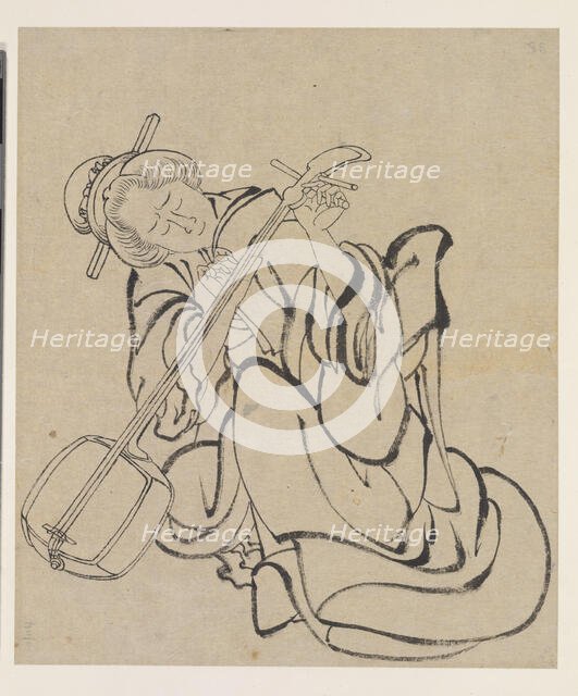 Tuning the Samisen, late 18th-early 19th century. Creator: Hokusai.