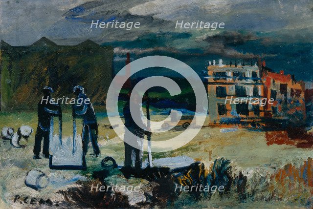 Building new houses, 1933. Artist: Semashkevich, Roman Matveevich (1900-1937)