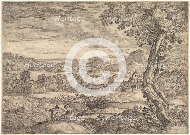 Landscape with a brick factory in the middle ground, a standing man in the foreground p..., 1626-80. Creator: Giovanni Francesco Grimaldi.