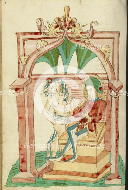 Josaphat Enthroned Tempted by a Naked Woman; Barlaam und Josaphat, 1469. Creators: Hans Schilling, Diebolt Lauber.