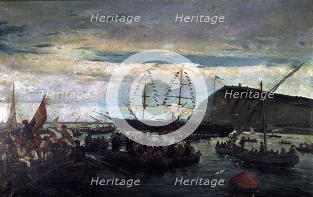 War of Cuba, boarding at the port of Barcelona of the Catalan volunteers to Cuba in 1870.