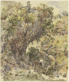 Mountain landscape with a bridge and many figures, a magnificent rock formation..., c1841-47. Creator: Johann Nepomuk Rauch.