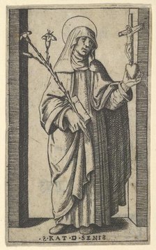 Saint Catherine of Siena standing holding flowers and book in her right hand, a h..., ca. 1500-1527. Creator: Marcantonio Raimondi.