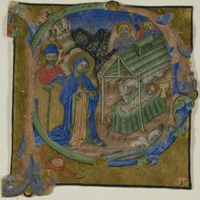 The Nativity in a Historiated Initial "P" from a Choir Book, c. 1390. Creator: Master of the Brussels Initials.