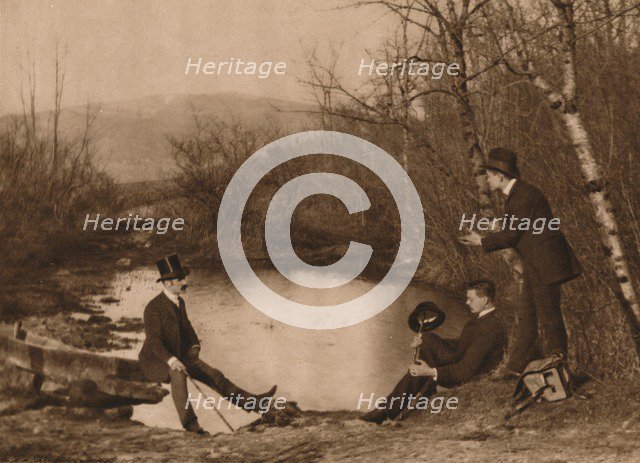 'Three men by pond', 1937. Artist: Louis Guichard.