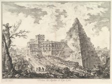 The Pyramid of Caius Cestius, with the Porta S. Paolo and adjoining road (Veduta del S..., ca. 1755. Creator: Giovanni Battista Piranesi.