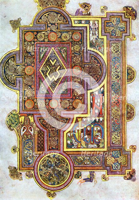 Opening words of St Luke's Gospel Quoniam from the Book of Kells, c800. Artist: Unknown