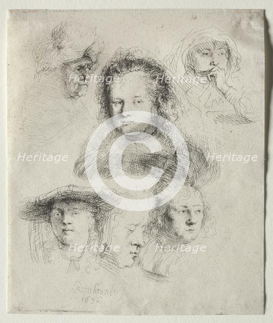 Studies of the Head of Saskia and Others, 1636. Creator: Rembrandt van Rijn (Dutch, 1606-1669).