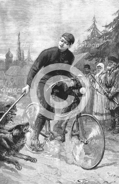 ''Lieutenant George Martos Riding a Bicycle from St. Petersburg to Paris and being Attacked by Dogs  Creator: Unknown.