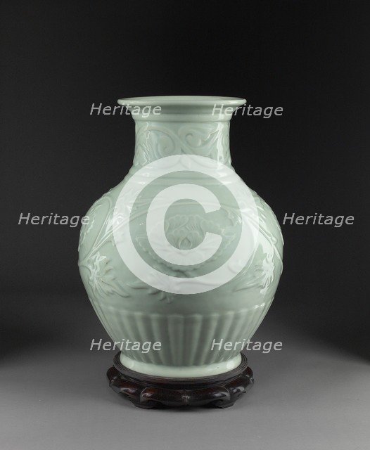 Vase with relief decoration of scrolling peonies, before 1941. Artist: Miyanaga Tozan.