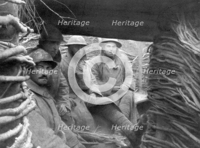 American and French troops in a trench at the front, 1917-1918. Artist: Unknown