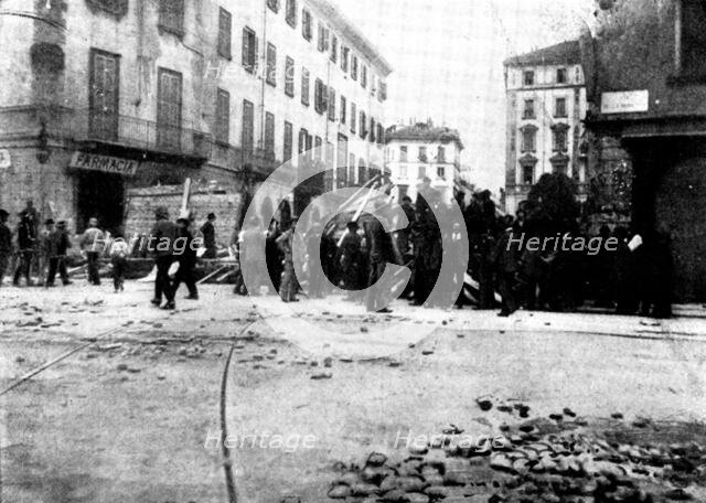 The Riots in Italy: street scenes in Milan - barricade at the corner of the Via Moscovia, 1898. Creator: Unknown.