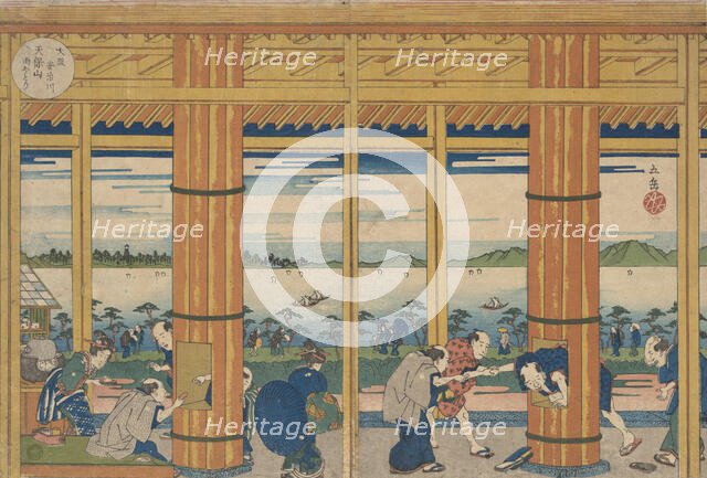 Shower-Shelter on the Shore of Tempozan Bay, 1838. Creator: Gakutei.