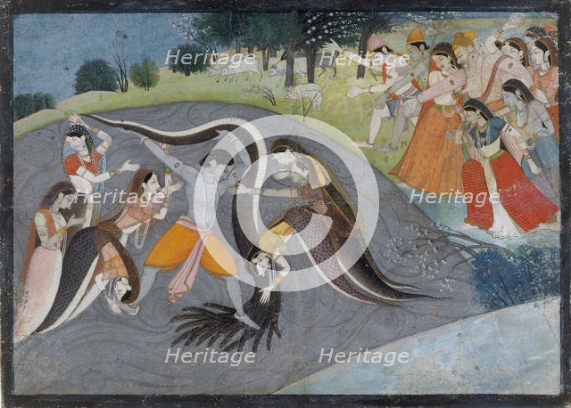 Krishna Subduing Kaliya, the Snake Demon: Folio from a Bhagavata Purana Series , ca. 1785. Creator: Unknown.