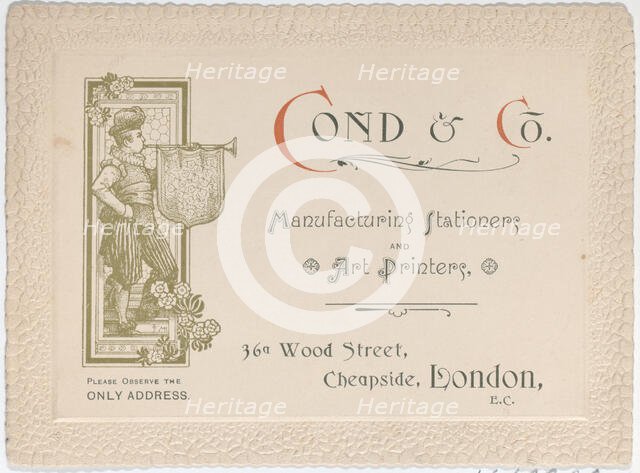 Trade Card for Cond & Co., Manufacturing Stationers and Art Printers, 19th century., 19th century. Creator: Anon.
