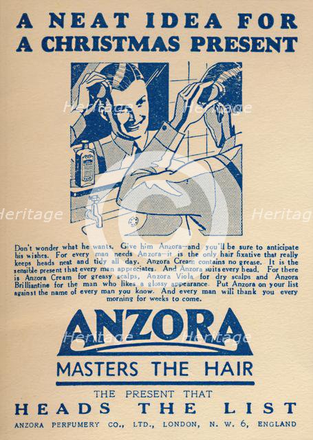 Advertisement for Anzora hair fixative, 1936.  Creator: Unknown.