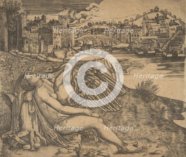Naked woman (Leda) and swan (Zeus) embrace on a river bank; two figures jump..., early 16th century. Creator: Anon.