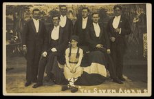 Seven men on stage set of "The seven acorns", [between 1918 and 1920?]. Creator: Unknown.