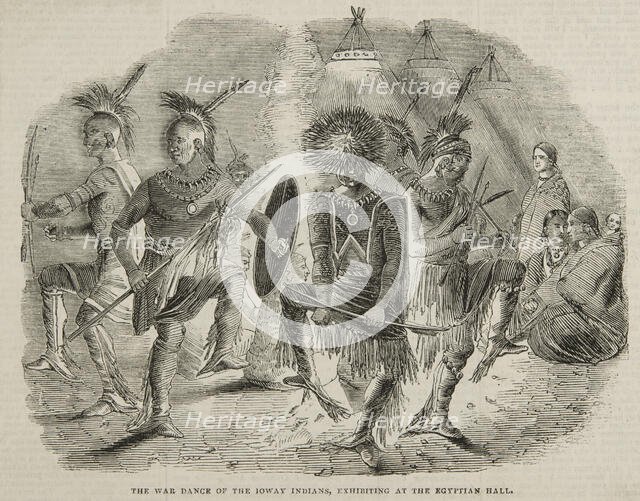 The War Dance of the Ioway Indians, exhibiting at the Egyptian Hall, 1844. Creator: Unknown.