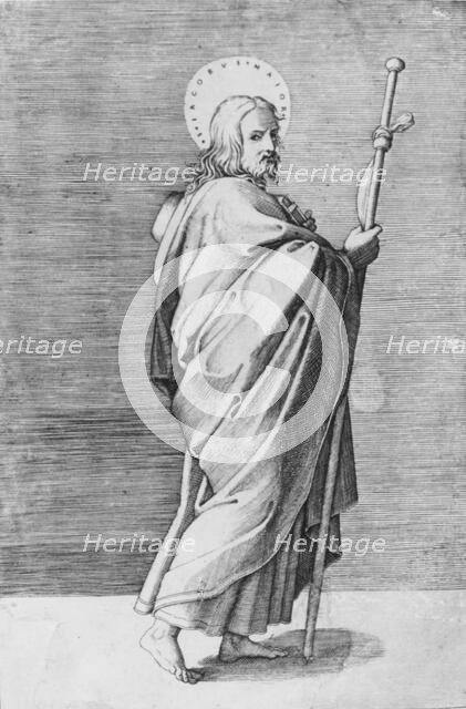 Saint James the Major turned towards right, holding staff, ca. 1500-1550. Creator: School of Marcantonio Raimondi.