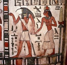 Thoth, Ibis-headed god leads the deceased to the Underworld, Mummy-case of Pensenhor, c900BC. Artist: Unknown.