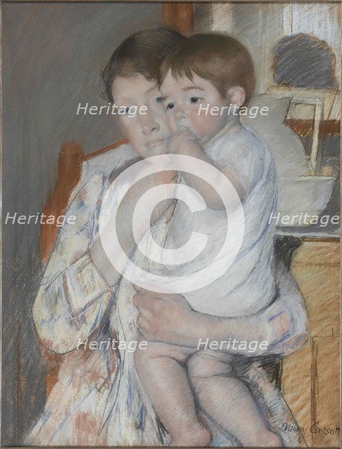 Femme et enfant devant une tablette où sont posés un broc et une cuvette, c. 1889.