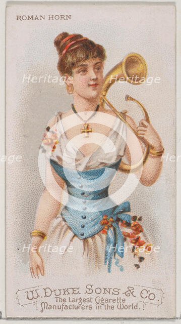 Roman Horn, from the Musical Instruments series (N82) for Duke brand cigarettes, 1888., 1888. Creator: Schumacher & Ettlinger.