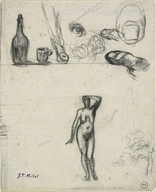 Sheet of Sketches: Standing Female Nude, Tree, Still Life, Fingers and Eye, n.d. Creator: Jean Francois Millet.