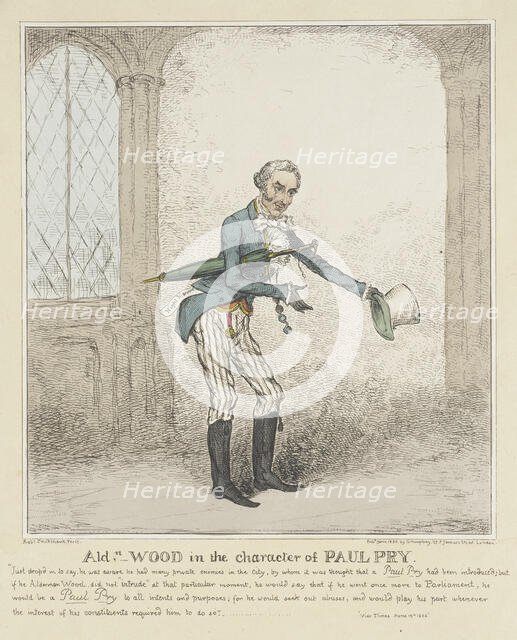Ald Wood in the Character of Paul Pry, 1826. Creator: Isaac Robert Cruikshank.