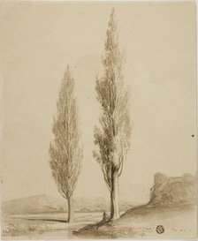 Two Poplars and Seated Figure Beside Stream, n.d. Creator: Unknown.