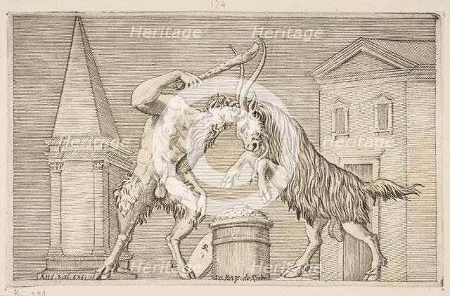 A satyr and a ram attacking each other, the satyr weilding a club with his right ha..., ca. 1515-27. Creator: Marco Dente.