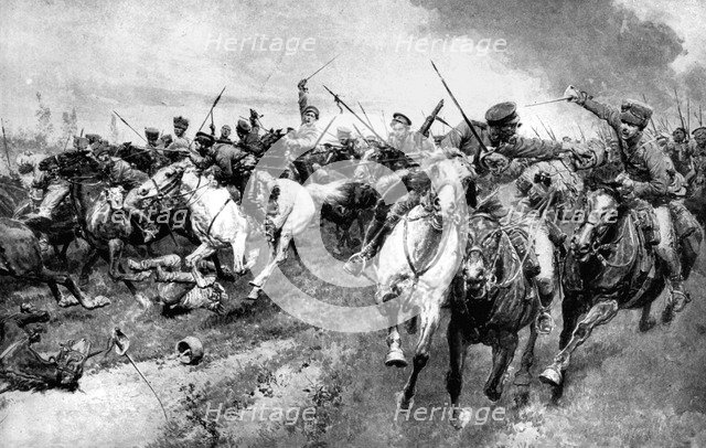 Russian Cossacks attacking German army, East Prussia, First World War, 1914. Artist: Unknown