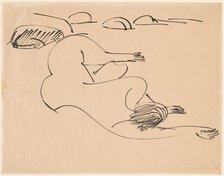 Erna Lying on the Beach among Rocks, 1912. Creator: Ernst Kirchner.