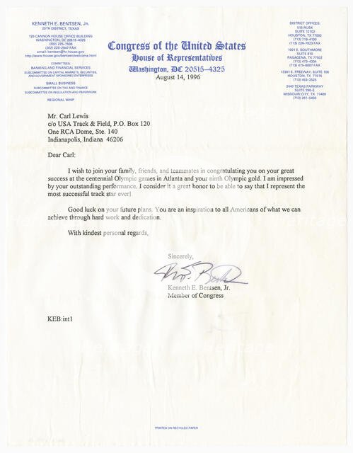Letter from US Representative Kenneth E. Bentsen, Jr. to Carl Lewis, August 14, 1996. Creator: Unknown.