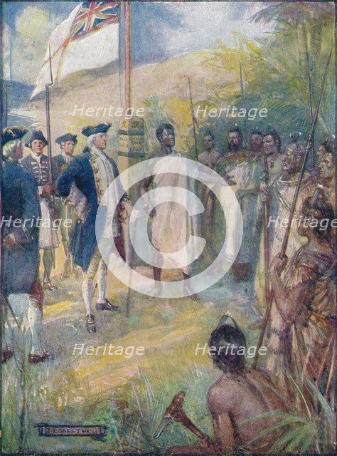 'Cook Told The Maoris That He Had Come To Set A Mark Upon Their Islands', c1908, (c1920).  Artist: Joseph Ratcliffe Skelton.