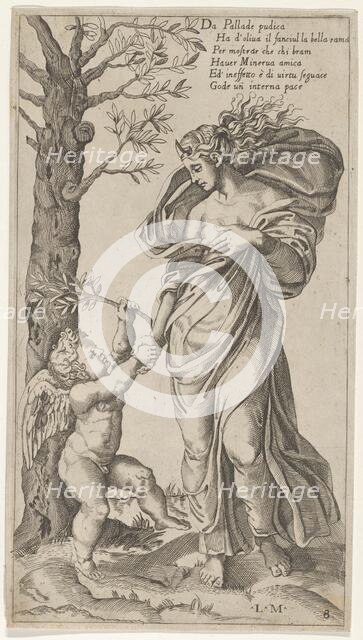 An allegory of Peace; Peace personified as a woman standing in a landscape holding the ..., 1530-40. Creator: Lorenzo de Musi.