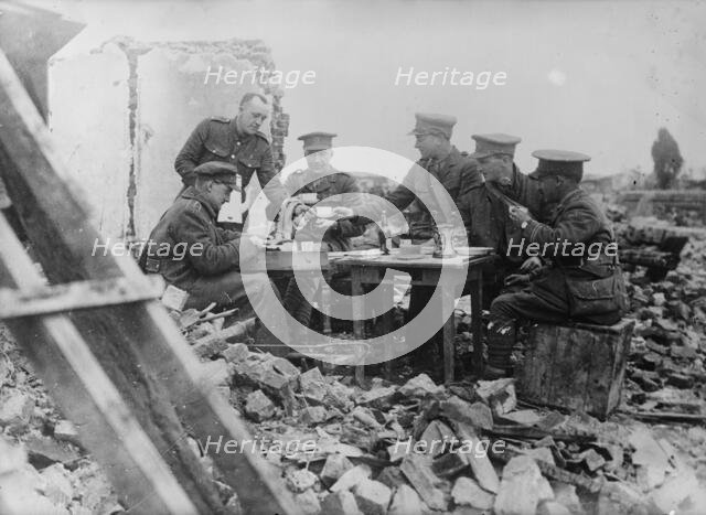 British officers' luncheon in wrecked village, 1917 25 April 1917. Creator: Bain News Service.