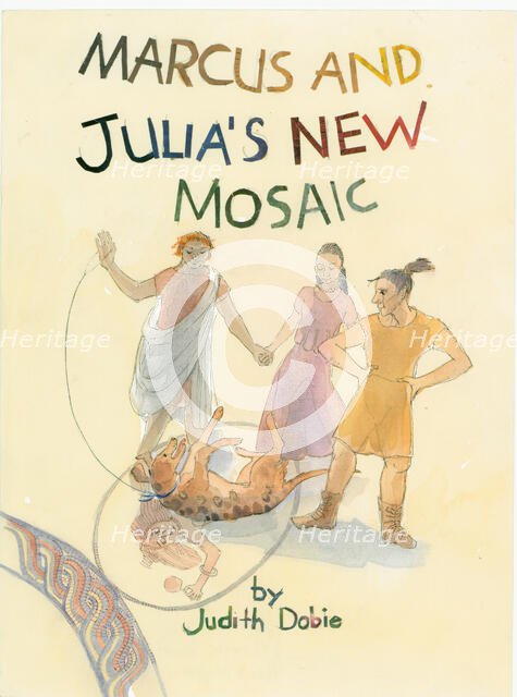 Three Roman characters and a dog with a mosaic in the foreground, 2003. Creator: Judith Dobie.
