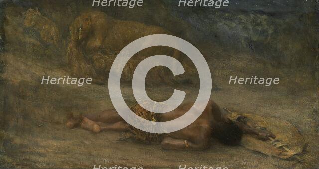 'Nemesis' - lioness with her cubs near the body of a black man, 1870-1905.  Creator: John MacAllan Swan.