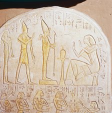Egyptian stele, Deceased worships Osiris who stands on pedestal representing Maat. Artist: Unknown.